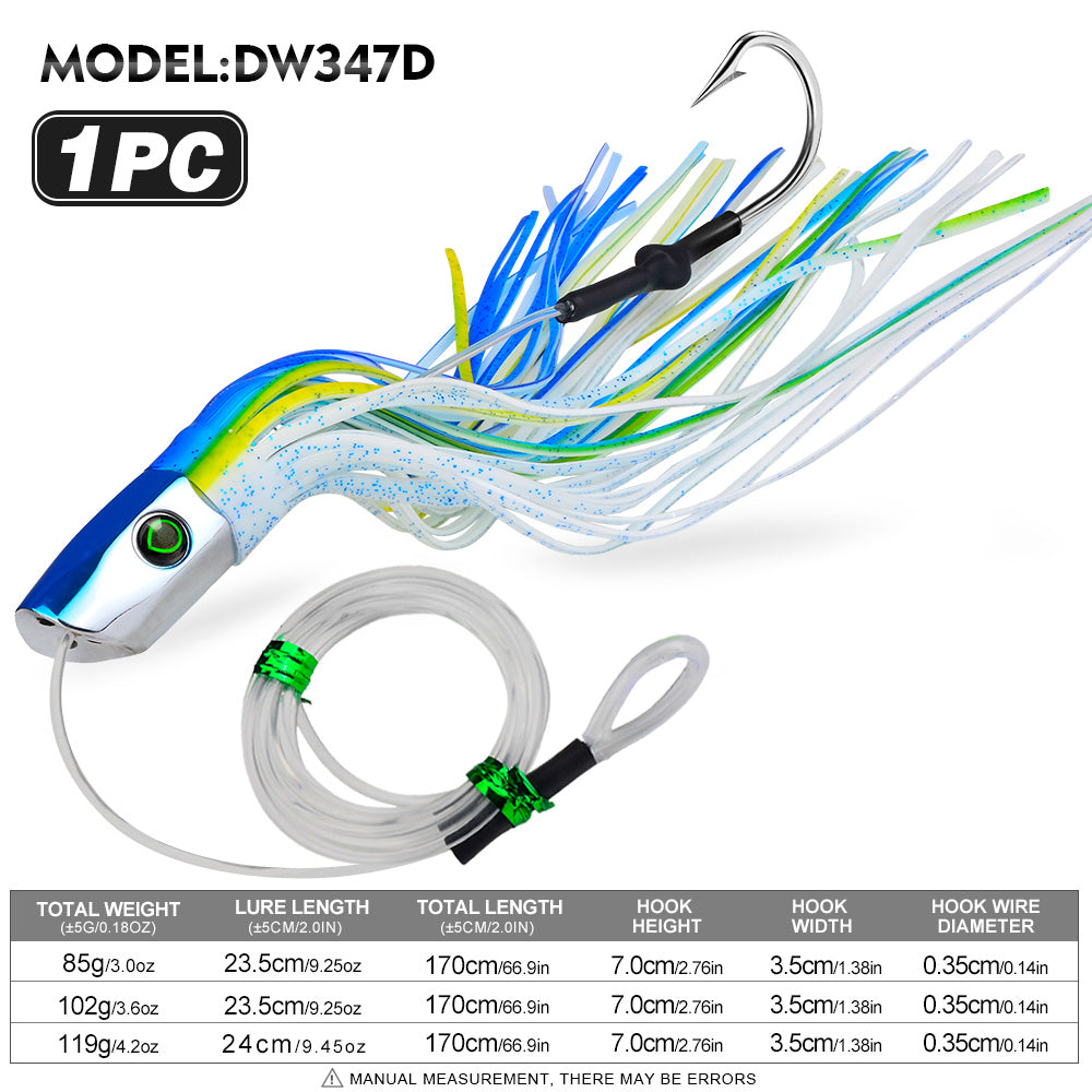 KATYUSHA Squid Trolling Lure, 85g/102g/119g / 23.5/24cm, 170cm Leader (Colors A-E) Metal Head + Green Squid Skirt