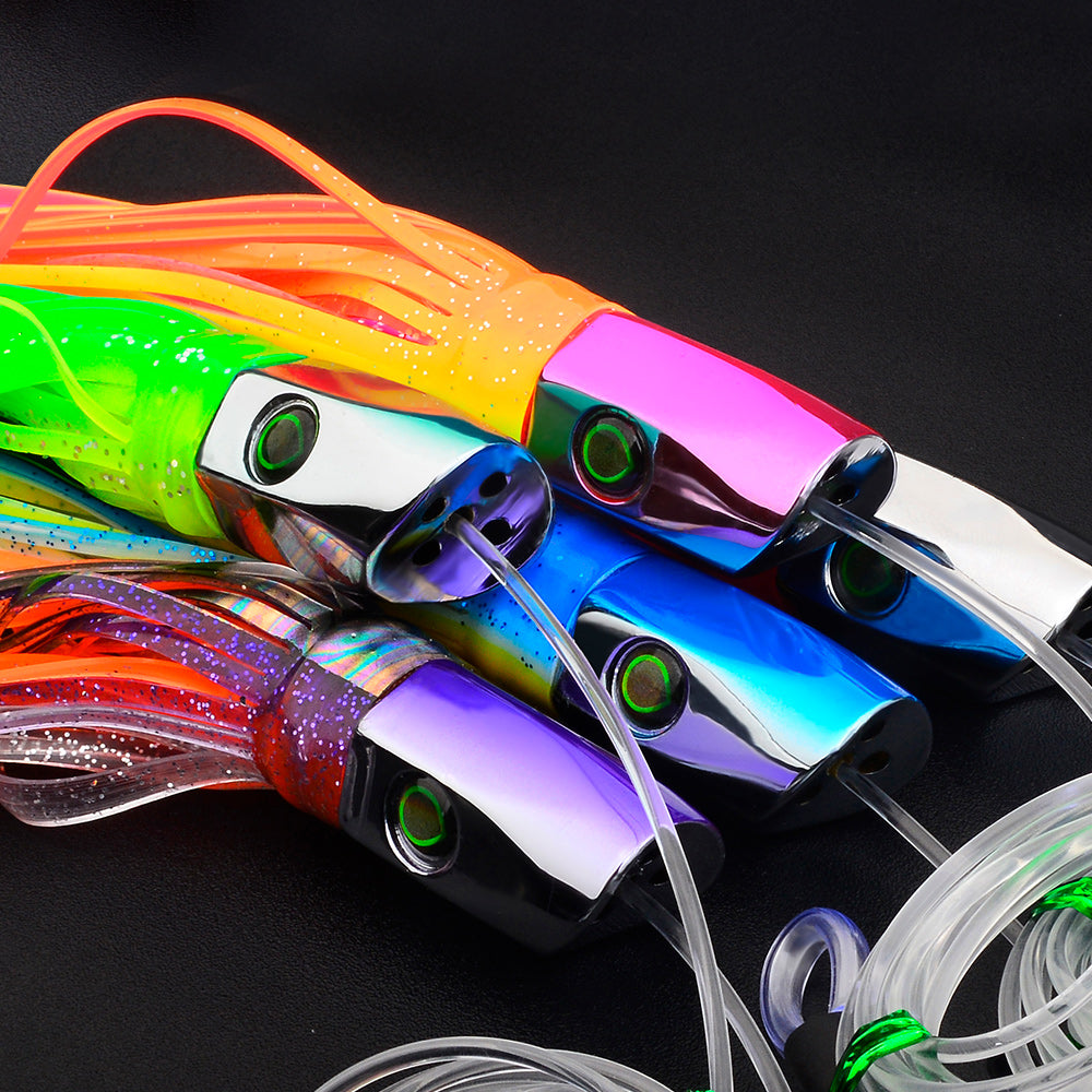 KATYUSHA Squid Trolling Lure, 85g/102g/119g / 23.5/24cm, 170cm Leader (Colors A-E) Metal Head + Green Squid Skirt