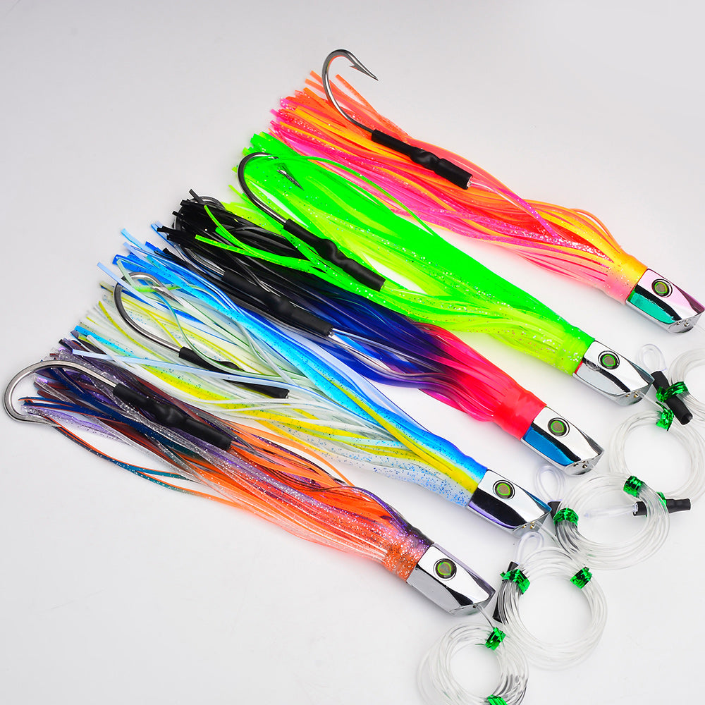 KATYUSHA Squid Trolling Lure, 85g/102g/119g / 23.5/24cm, 170cm Leader (Colors A-E) Metal Head + Green Squid Skirt