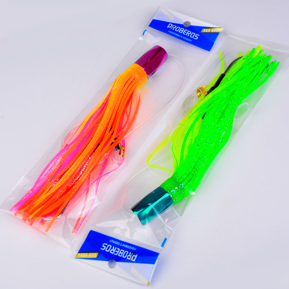 KATYUSHA Squid Trolling Lure, 85g/102g/119g / 23.5/24cm, 170cm Leader (Colors A-E) Metal Head + Green Squid Skirt