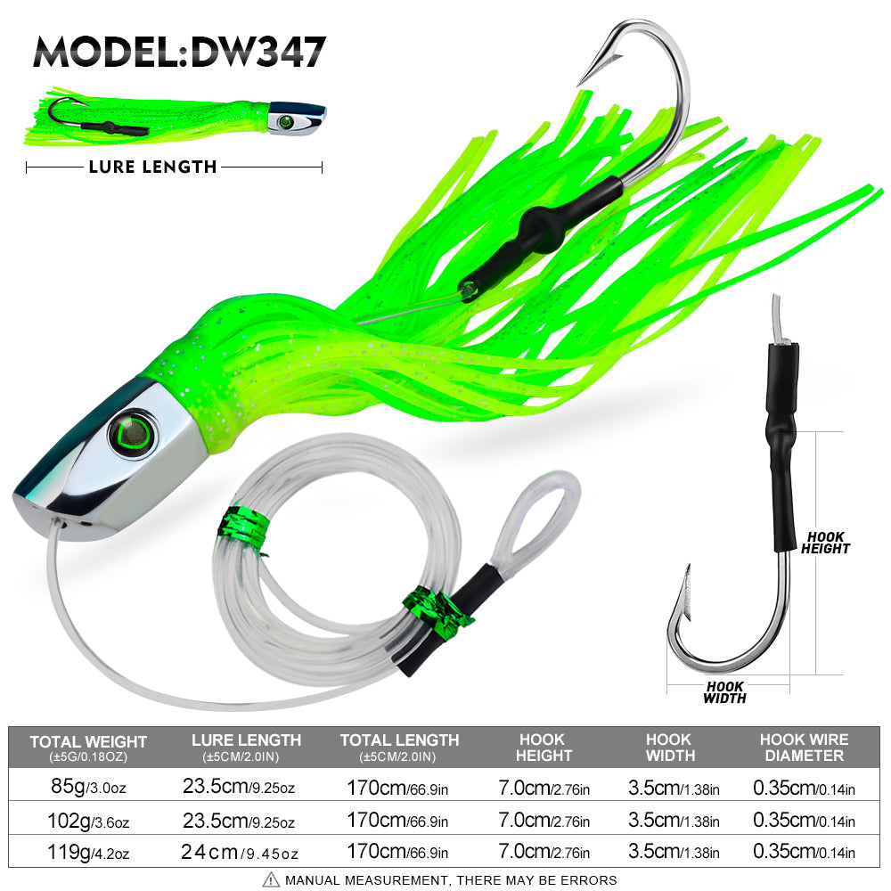 KATYUSHA Squid Trolling Lure, 85g/102g/119g / 23.5/24cm, 170cm Leader (Colors A-E) Metal Head + Green Squid Skirt