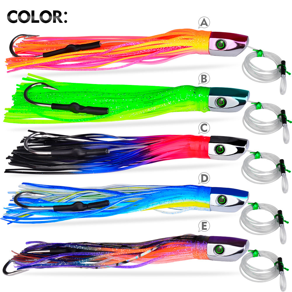 KATYUSHA Squid Trolling Lure, 85g/102g/119g / 23.5/24cm, 170cm Leader (Colors A-E) Metal Head + Green Squid Skirt