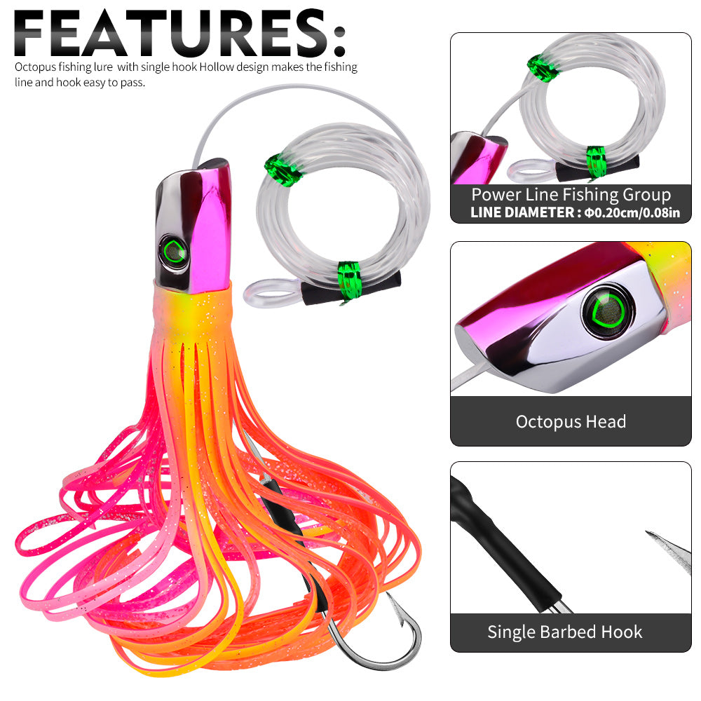 KATYUSHA Squid Trolling Lure, 85g/102g/119g / 23.5/24cm, 170cm Leader (Colors A-E) Metal Head + Green Squid Skirt