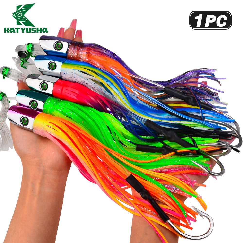 KATYUSHA Squid Trolling Lure, 85g/102g/119g / 23.5/24cm, 170cm Leader (Colors A-E) Metal Head + Green Squid Skirt