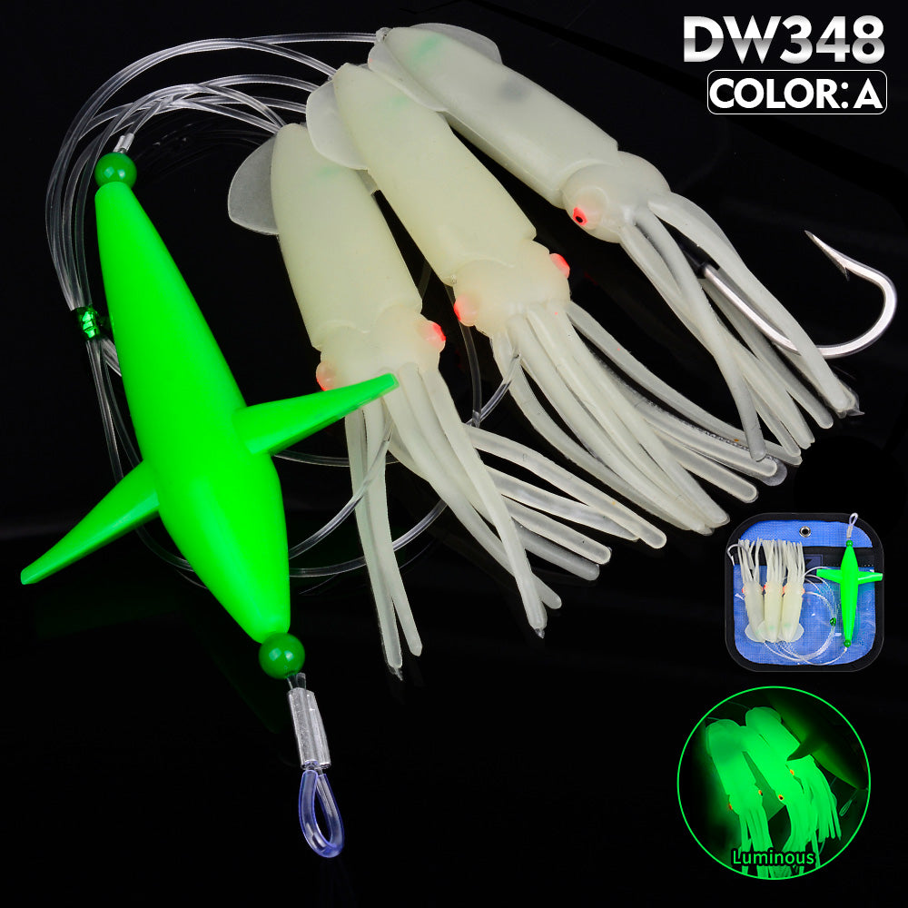 KATYUSHA Offshore Trolling Rig, Green Dolphin Teaser + Luminous Squid Skirts, Pre-Rigged Lead Hook, for Night/Deep-Sea Fishing