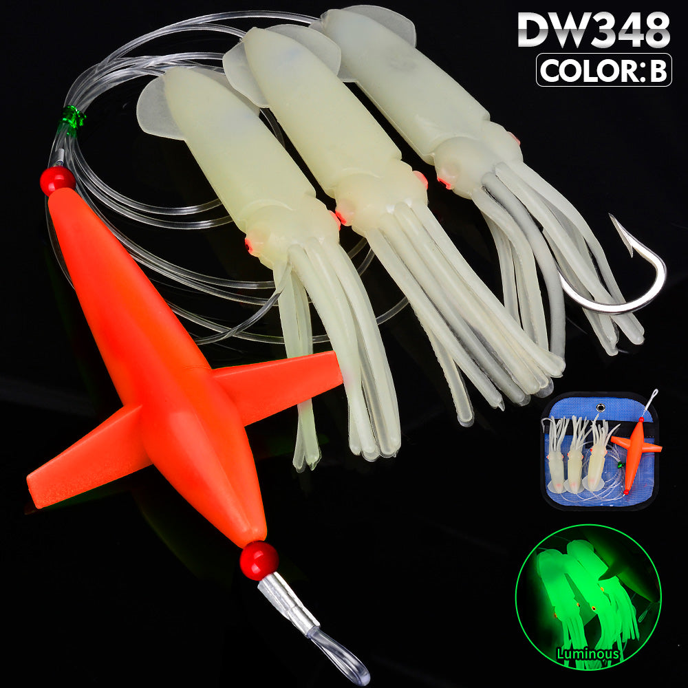 KATYUSHA Offshore Trolling Rig, Green Dolphin Teaser + Luminous Squid Skirts, Pre-Rigged Lead Hook, for Night/Deep-Sea Fishing
