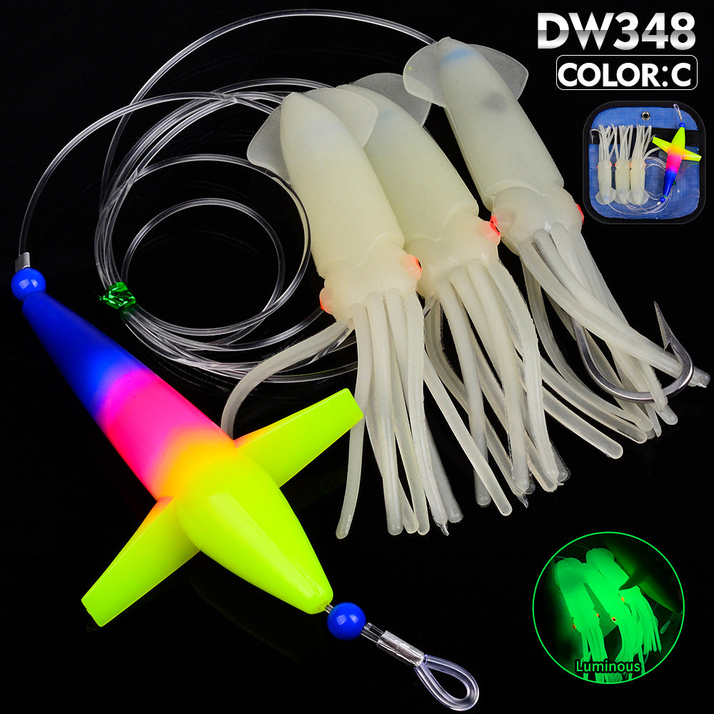 KATYUSHA Offshore Trolling Rig, Green Dolphin Teaser + Luminous Squid Skirts, Pre-Rigged Lead Hook, for Night/Deep-Sea Fishing