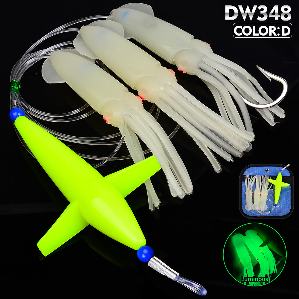 KATYUSHA Offshore Trolling Rig, Green Dolphin Teaser + Luminous Squid Skirts, Pre-Rigged Lead Hook, for Night/Deep-Sea Fishing
