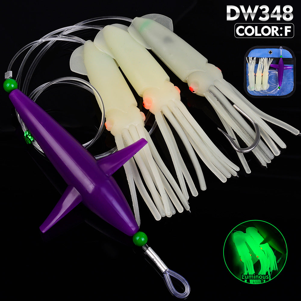 KATYUSHA Offshore Trolling Rig, Green Dolphin Teaser + Luminous Squid Skirts, Pre-Rigged Lead Hook, for Night/Deep-Sea Fishing