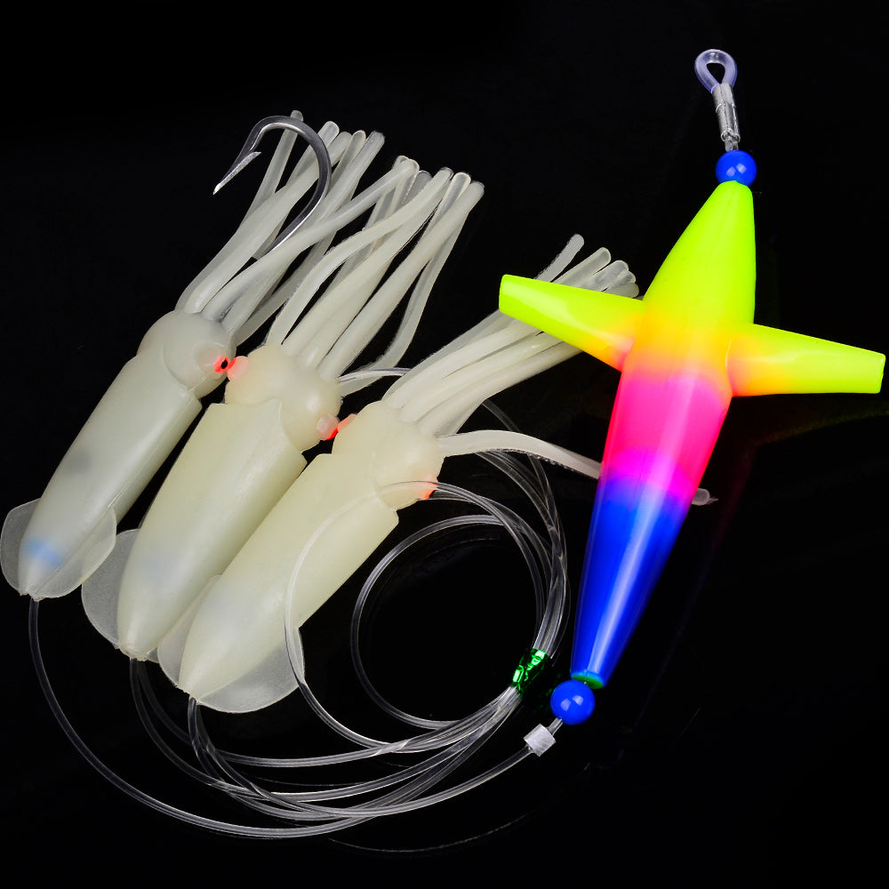 KATYUSHA Offshore Trolling Rig, Green Dolphin Teaser + Luminous Squid Skirts, Pre-Rigged Lead Hook, for Night/Deep-Sea Fishing
