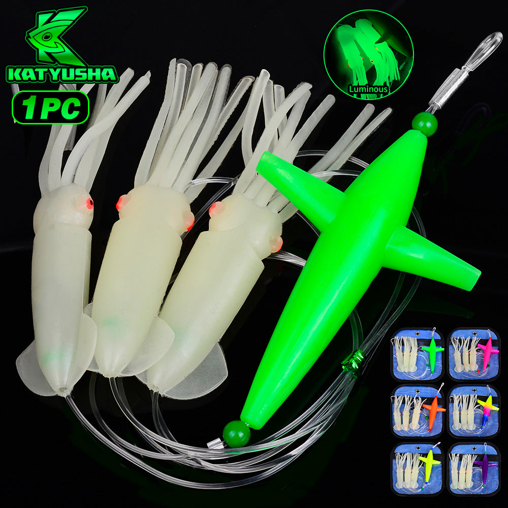 KATYUSHA Offshore Trolling Rig, Green Dolphin Teaser + Luminous Squid Skirts, Pre-Rigged Lead Hook, for Night/Deep-Sea Fishing