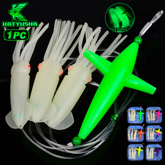 KATYUSHA Offshore Trolling Rig, Green Dolphin Teaser + Luminous Squid Skirts, Pre-Rigged Lead Hook, for Night/Deep-Sea Fishing