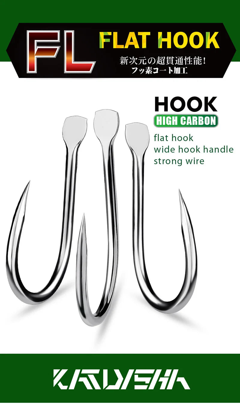 KATUYSHA 10Pcs Barbed Fishing Hooks1/0-5/0# Flatted Single Fishhooks High Carbon Steel Carp Hooks Set Accessories Tool Tackle