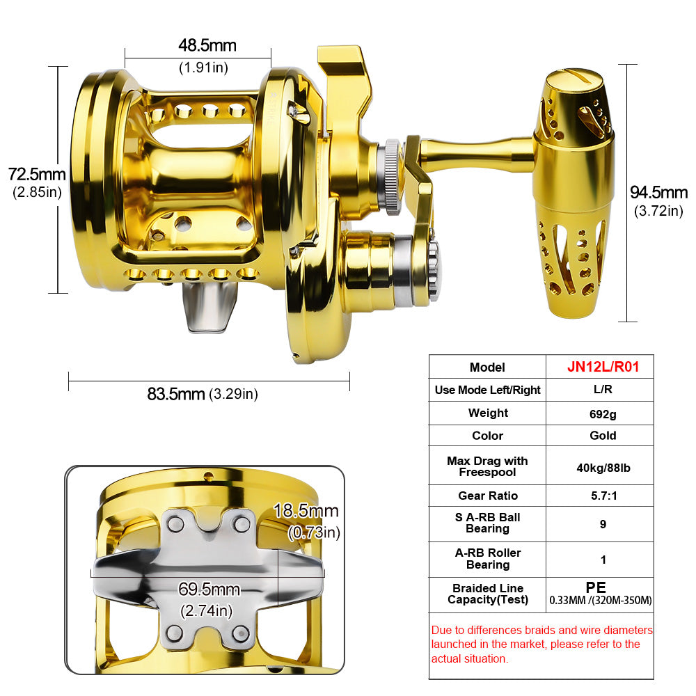 KATUYSHA  JN12L/R02 Gold Hollow Jigging Reel - 40KG Max Drag, Ideal for Fishing & Trolling
