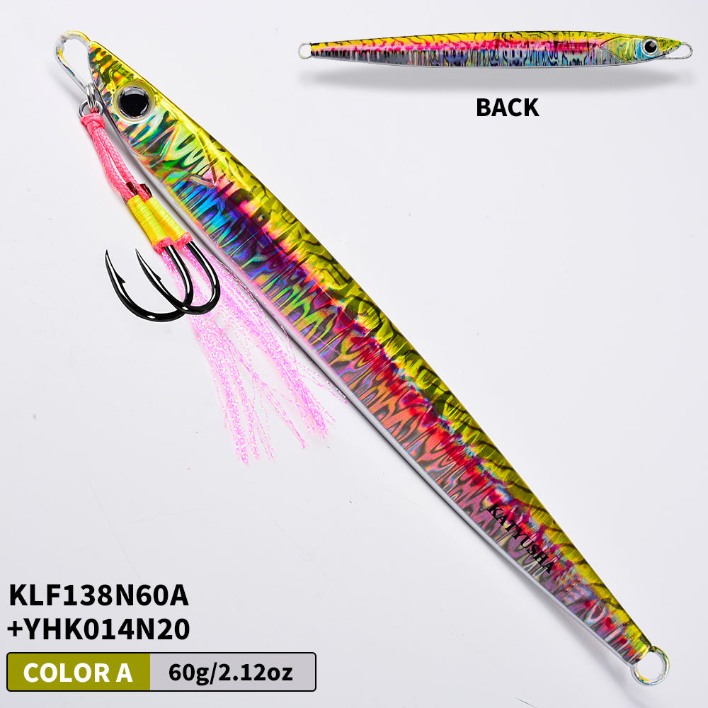 KATYUSHA Saltwater Vertical Jigging Bait, Realistic Holographic Fish Design Metal Jig Lure, 60g-180g, with Assist Hook