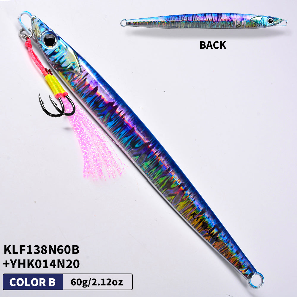 KATYUSHA Saltwater Vertical Jigging Bait, Realistic Holographic Fish Design Metal Jig Lure, 60g-180g, with Assist Hook
