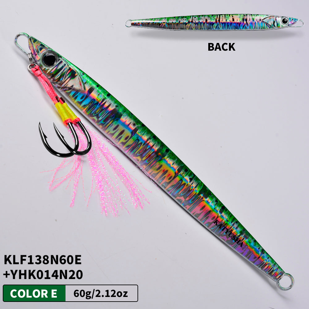 KATYUSHA Saltwater Vertical Jigging Bait, Realistic Holographic Fish Design Metal Jig Lure, 60g-180g, with Assist Hook