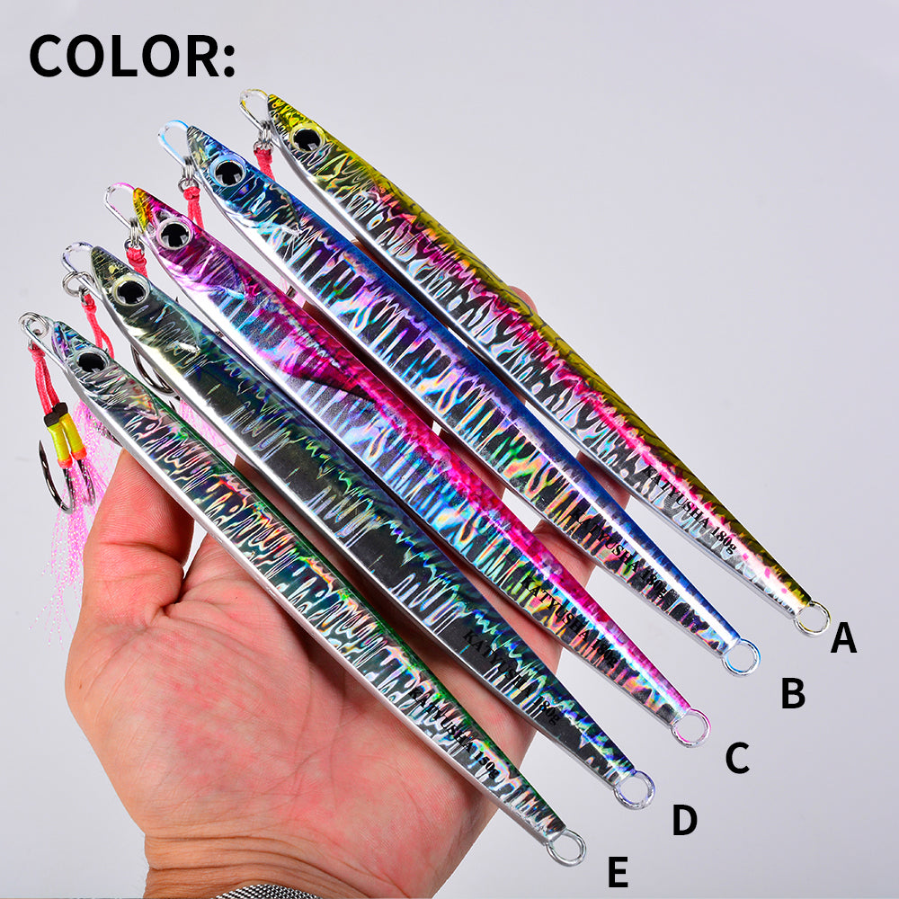 KATYUSHA Saltwater Vertical Jigging Bait, Realistic Holographic Fish Design Metal Jig Lure, 60g-180g, with Assist Hook