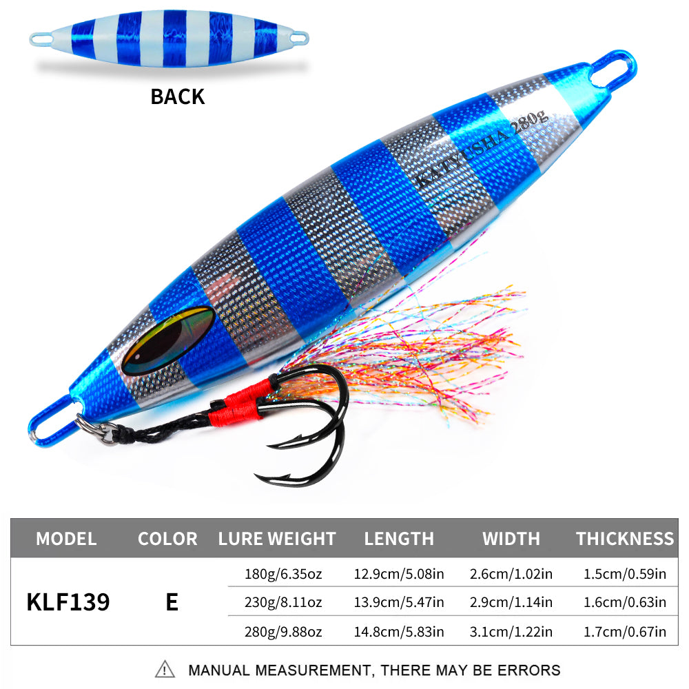 KATYUSHA  180-230-280g Long Throw Metal Lure with Assist Hook Seawater Jigging Lure Boat Fishing Bait Glowing Sea Fishing Lure
