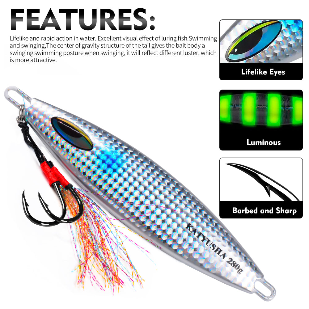 KATYUSHA  180-230-280g Long Throw Metal Lure with Assist Hook Seawater Jigging Lure Boat Fishing Bait Glowing Sea Fishing Lure