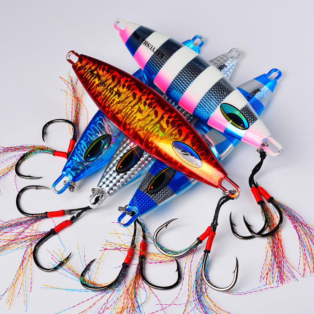 KATYUSHA  180-230-280g Long Throw Metal Lure with Assist Hook Seawater Jigging Lure Boat Fishing Bait Glowing Sea Fishing Lure
