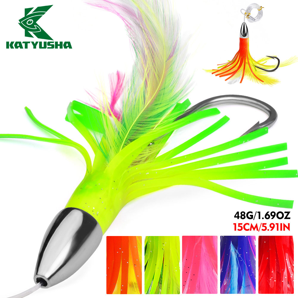 KATYUSHA Squid Trolling Lure, 48g / 15cm, Pre-Rigged with 6/0# Hook &amp; 170cm Leader, Fluorescent Green Squid Trolling Bait