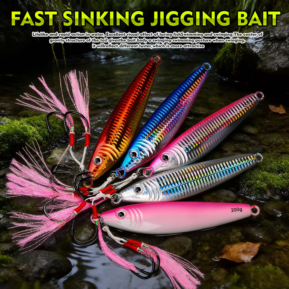 KATYUSHA Saltwater Vertical Jigging Bait, Realistic Holographic Fish Design Metal Jig Lure, 20g-200g, with Assist Hook