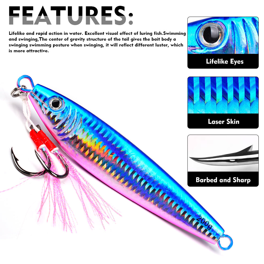 KATYUSHA Saltwater Vertical Jigging Bait, Realistic Holographic Fish Design Metal Jig Lure, 20g-200g, with Assist Hook