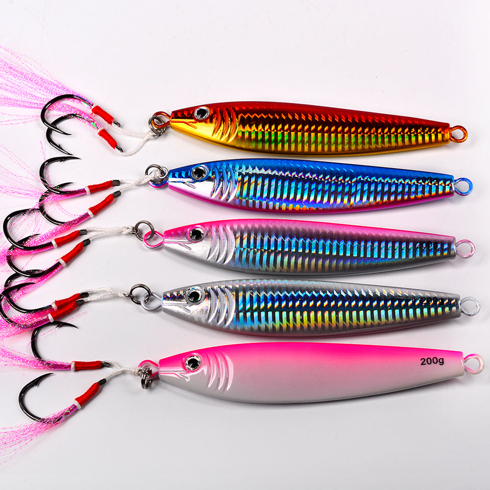 KATYUSHA Saltwater Vertical Jigging Bait, Realistic Holographic Fish Design Metal Jig Lure, 20g-200g, with Assist Hook