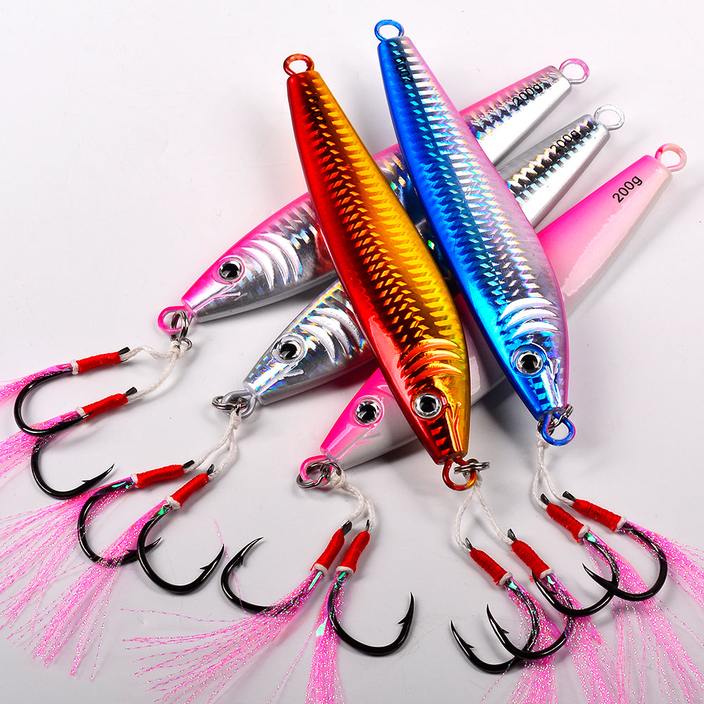 KATYUSHA Saltwater Vertical Jigging Bait, Realistic Holographic Fish Design Metal Jig Lure, 20g-200g, with Assist Hook