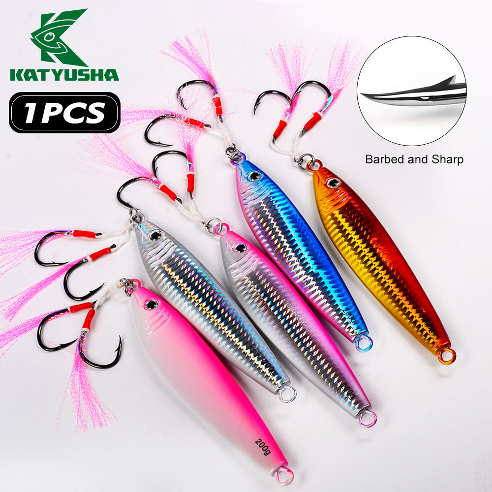 KATYUSHA Saltwater Vertical Jigging Bait, Realistic Holographic Fish Design Metal Jig Lure, 20g-200g, with Assist Hook