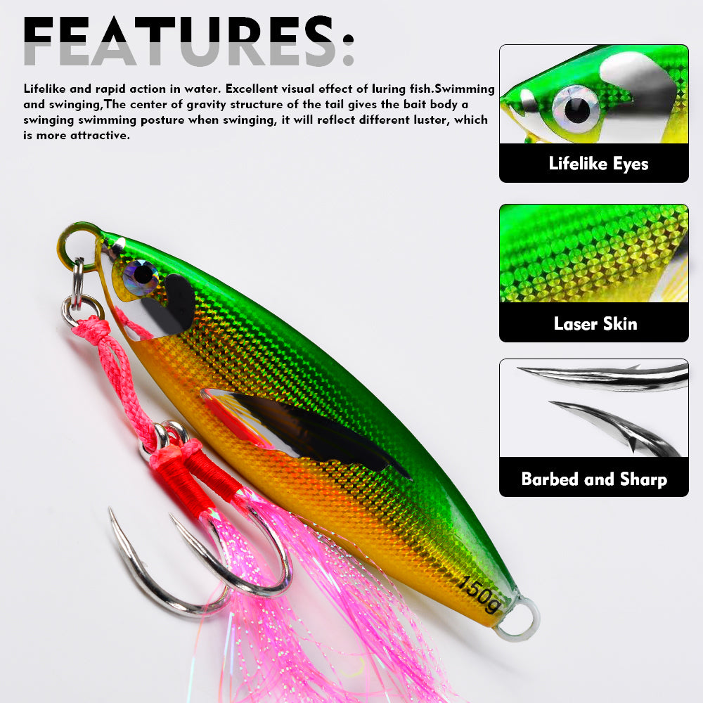 KATUYSHA Saltwater Vertical Jigging Bait, Lifelike Wing Design Metal Jig Lure, 30g-150g, 6 Colors（ with Assist Hook）