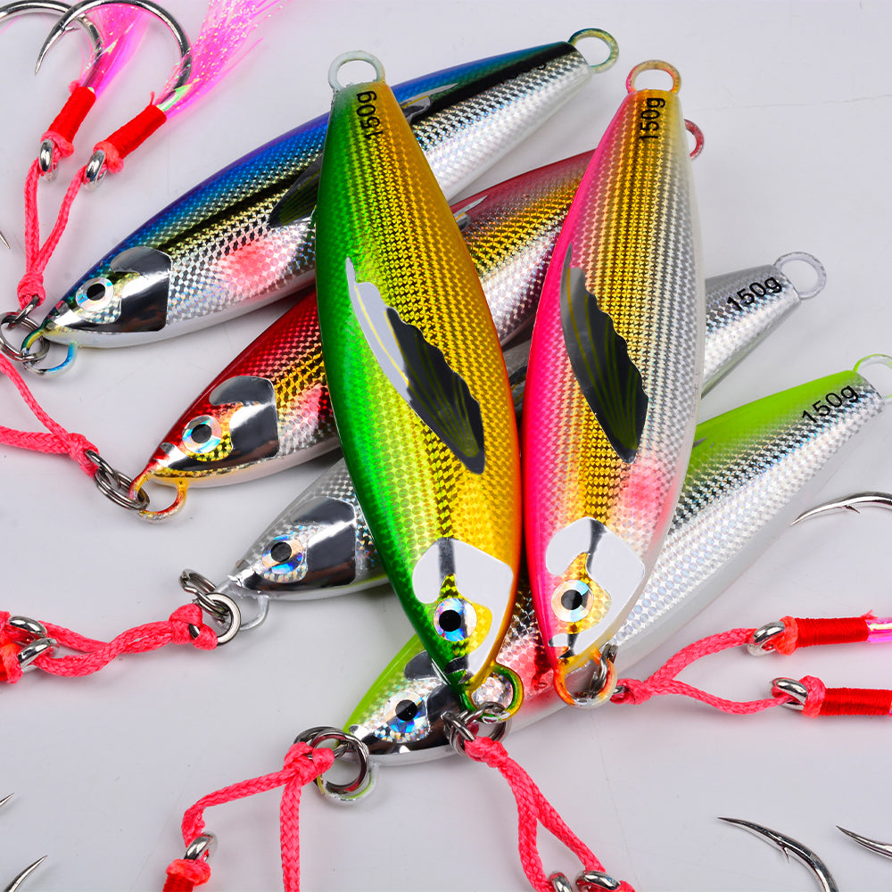 KATUYSHA Saltwater Vertical Jigging Bait, Lifelike Wing Design Metal Jig Lure, 30g-150g, 6 Colors（ with Assist Hook）
