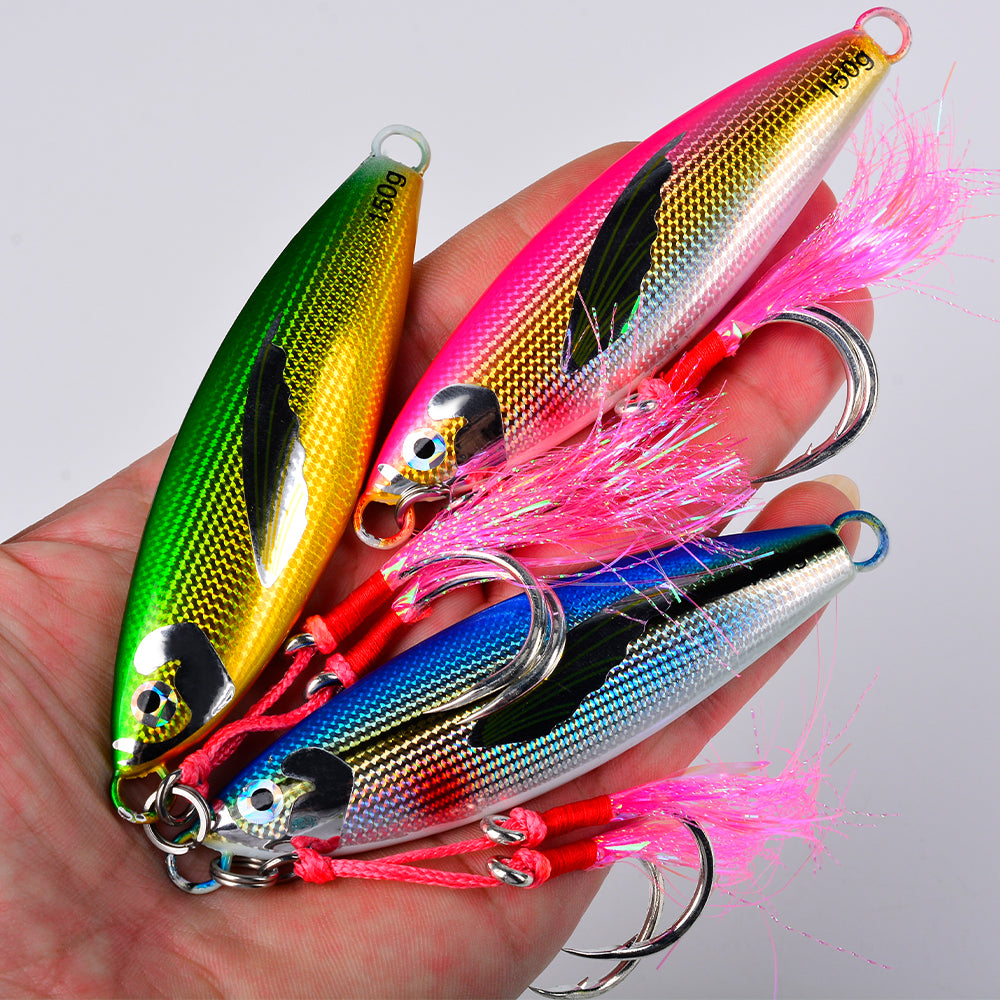 KATUYSHA Saltwater Vertical Jigging Bait, Lifelike Wing Design Metal Jig Lure, 30g-150g, 6 Colors（ with Assist Hook）
