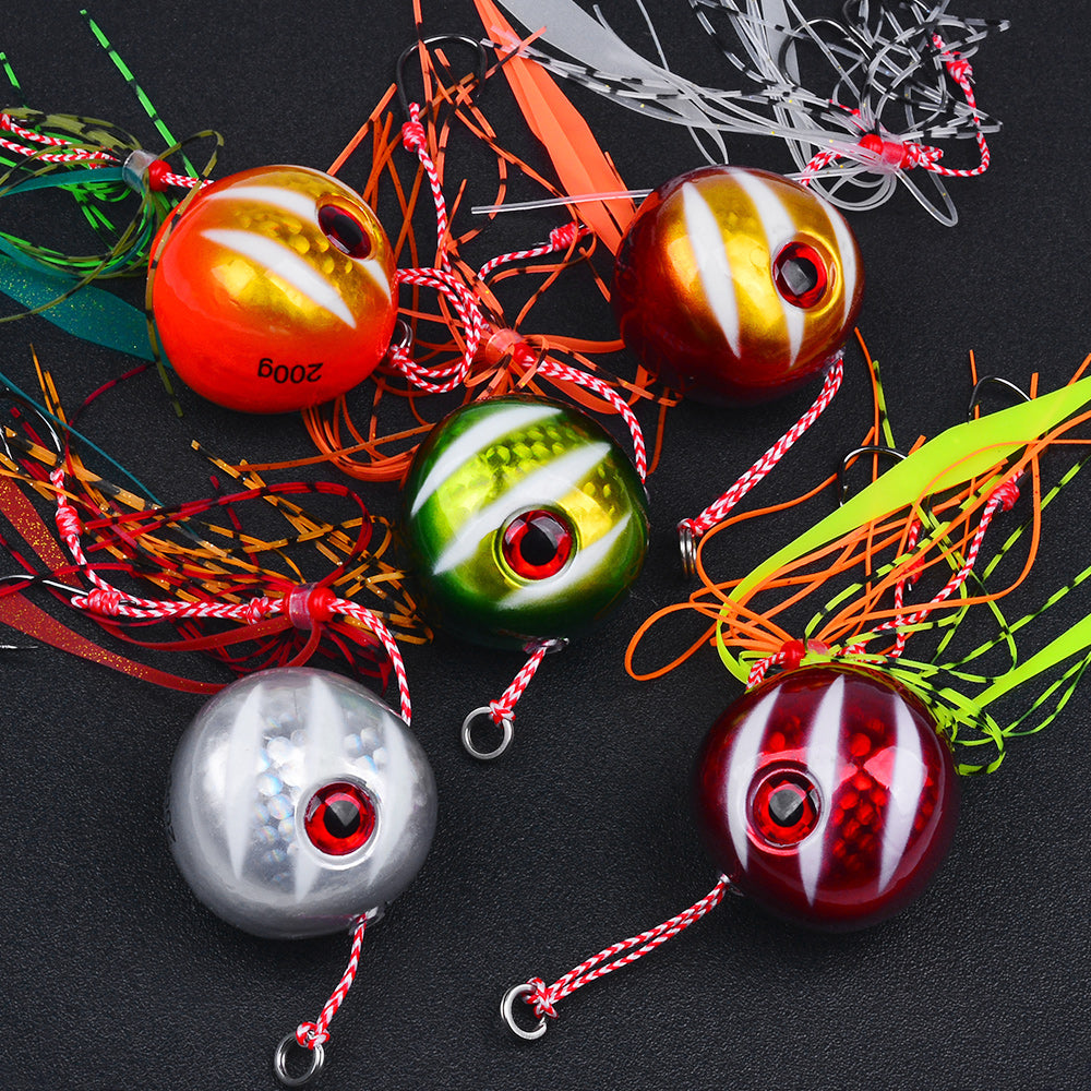 KATYUSHA Tai Rubber Jig Lure, 60g-200g, A-E Colors ;Saltwater Ball Jig Head with Silicone Skirt, Pre-Rigged