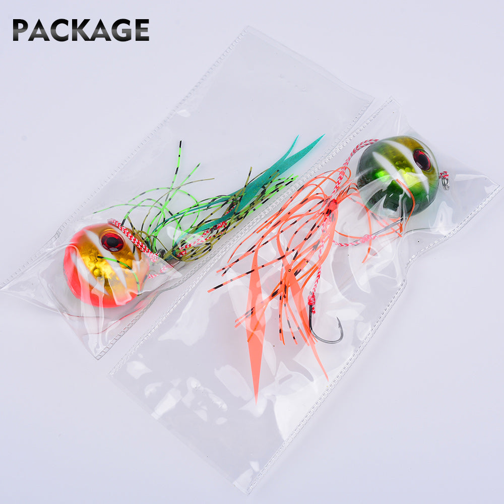 KATYUSHA Tai Rubber Jig Lure, 60g-200g, A-E Colors ;Saltwater Ball Jig Head with Silicone Skirt, Pre-Rigged