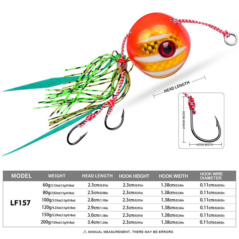 KATYUSHA Tai Rubber Jig Lure, 60g-200g, A-E Colors ;Saltwater Ball Jig Head with Silicone Skirt, Pre-Rigged