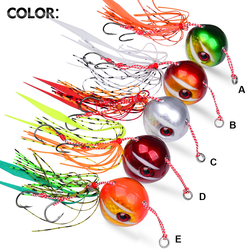 KATYUSHA Tai Rubber Jig Lure, 60g-200g, A-E Colors ;Saltwater Ball Jig Head with Silicone Skirt, Pre-Rigged