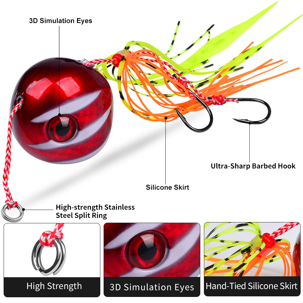 KATYUSHA Tai Rubber Jig Lure, 60g-200g, A-E Colors ;Saltwater Ball Jig Head with Silicone Skirt, Pre-Rigged