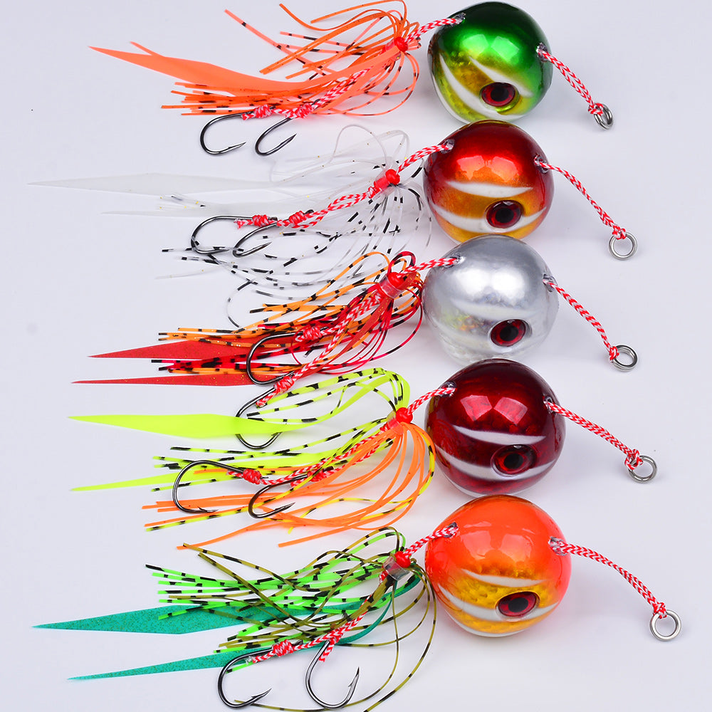 KATYUSHA Tai Rubber Jig Lure, 60g-200g, A-E Colors ;Saltwater Ball Jig Head with Silicone Skirt, Pre-Rigged