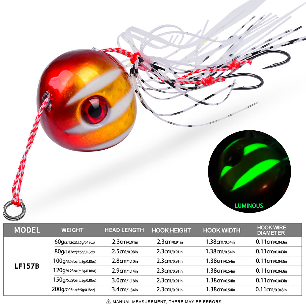 KATYUSHA Tai Rubber Jig Lure, 60g-200g, A-E Colors ;Saltwater Ball Jig Head with Silicone Skirt, Pre-Rigged