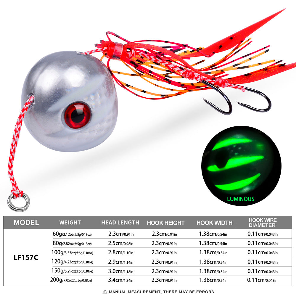 KATYUSHA Tai Rubber Jig Lure, 60g-200g, A-E Colors ;Saltwater Ball Jig Head with Silicone Skirt, Pre-Rigged