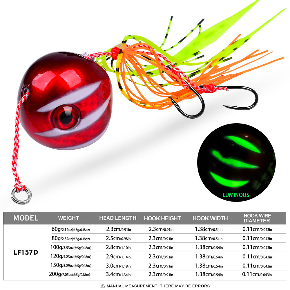 KATYUSHA Tai Rubber Jig Lure, 60g-200g, A-E Colors ;Saltwater Ball Jig Head with Silicone Skirt, Pre-Rigged