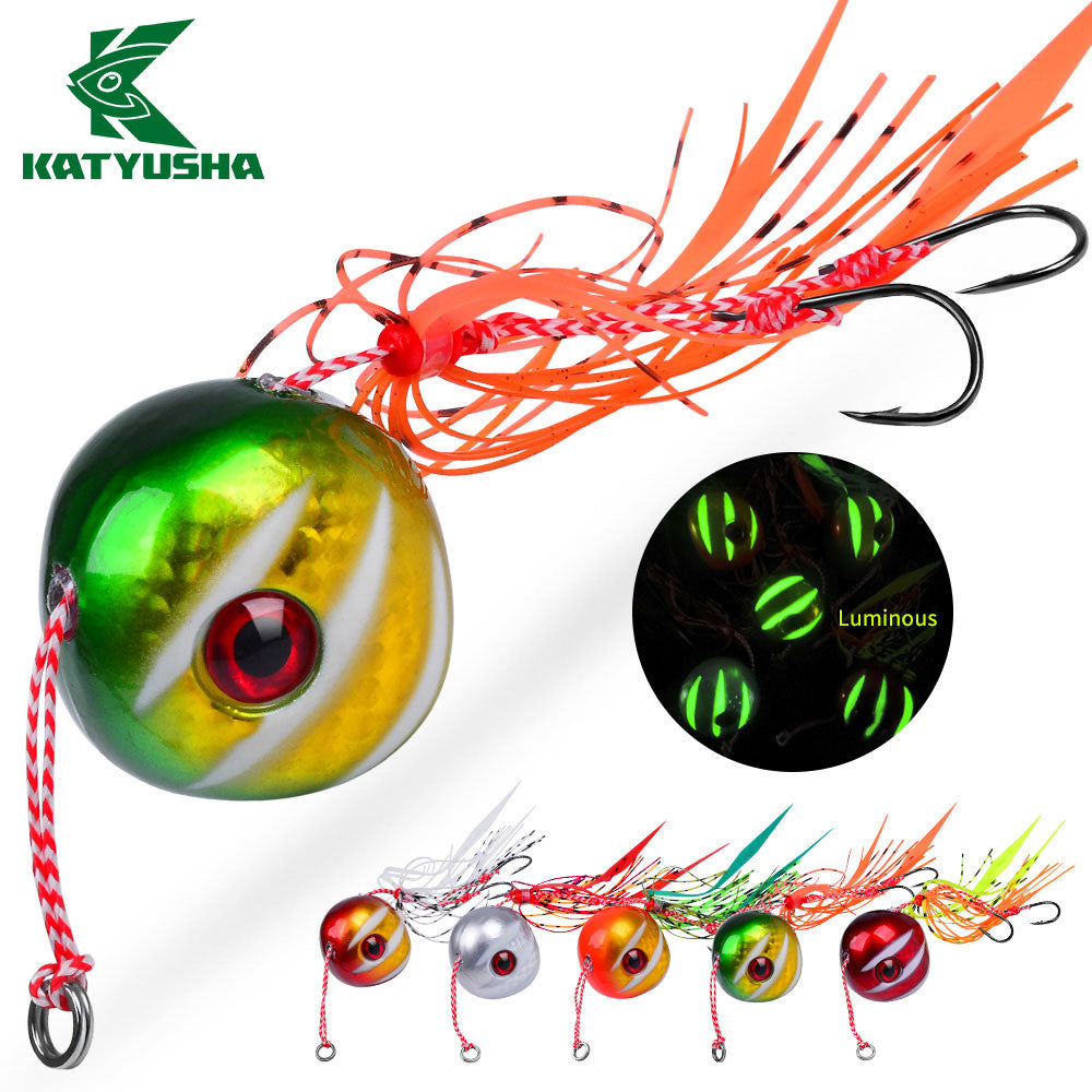 KATYUSHA Tai Rubber Jig Lure, 60g-200g, A-E Colors ;Saltwater Ball Jig Head with Silicone Skirt, Pre-Rigged