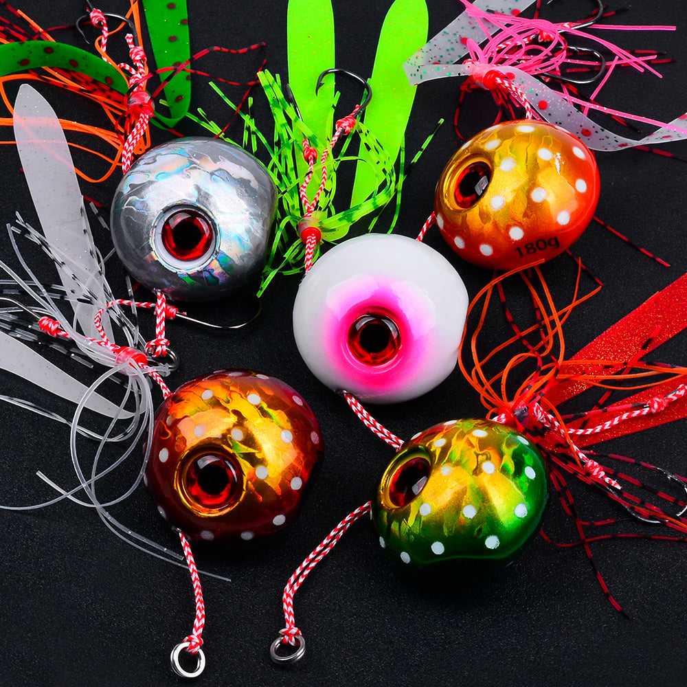 KATYUSHA Saltwater Ball Jig Head with Silicone Skirt, Pre-Rigged Tai Rubber Jig Lure, 60g-200g, A-E Colors&nbsp;