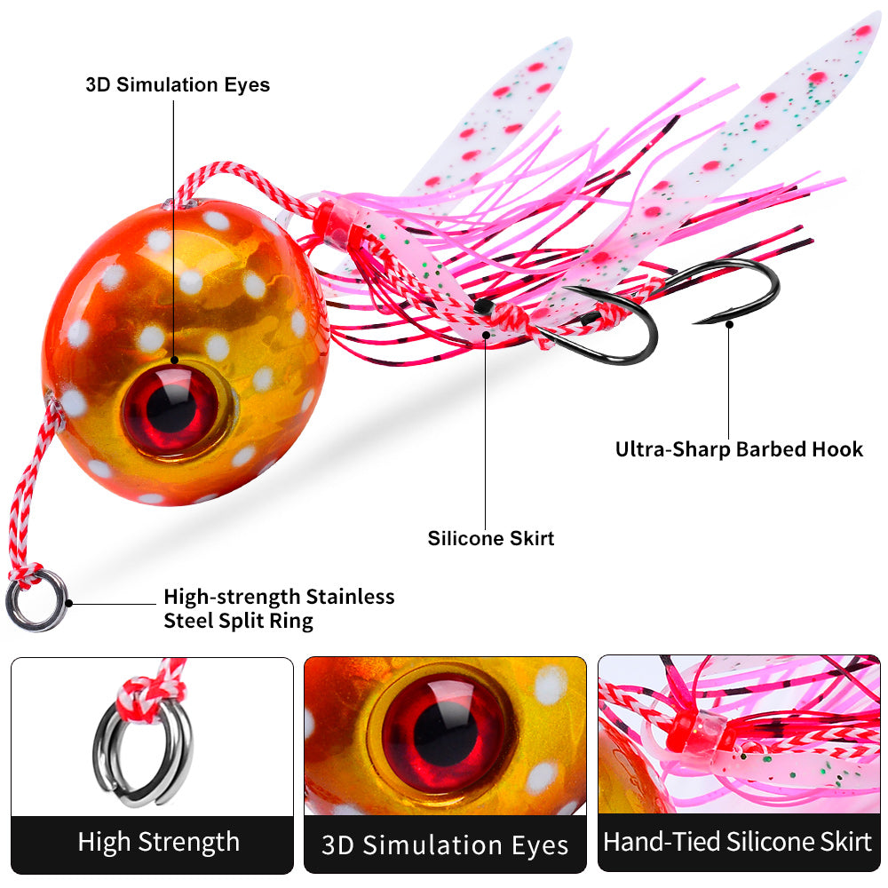KATYUSHA Saltwater Ball Jig Head with Silicone Skirt, Pre-Rigged Tai Rubber Jig Lure, 60g-200g, A-E Colors&nbsp;