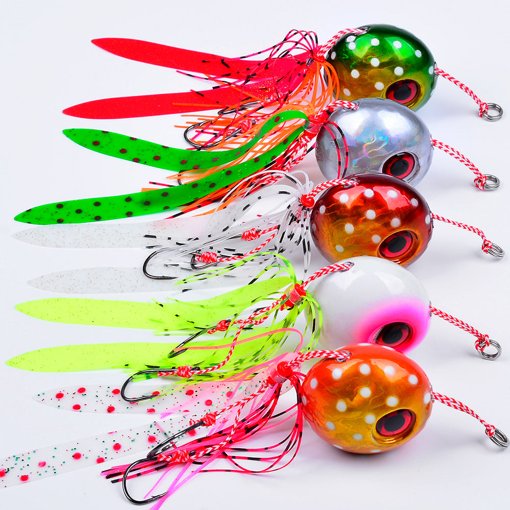 KATYUSHA Saltwater Ball Jig Head with Silicone Skirt, Pre-Rigged Tai Rubber Jig Lure, 60g-200g, A-E Colors&nbsp;
