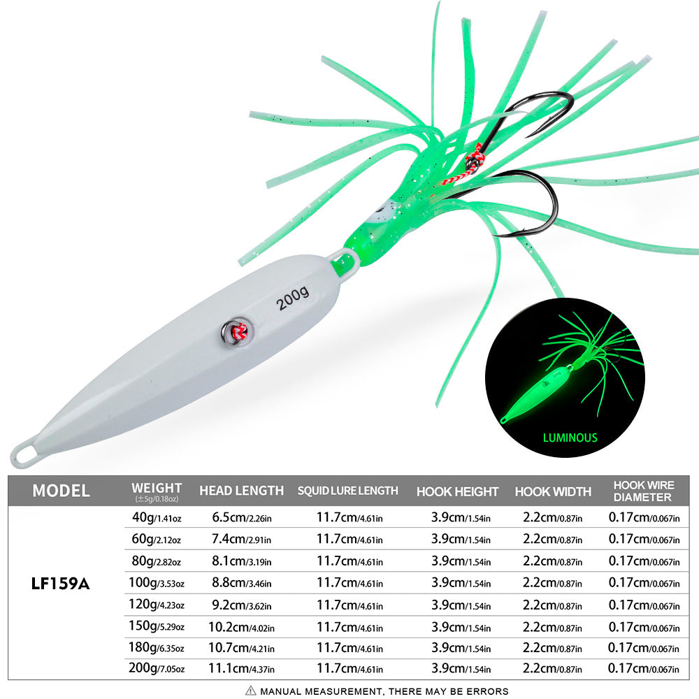 KATYUSHA Lead Jigging Lure with Squid Skirt, 40g-200g, A-E Colors Saltwater Vertical Jigging Bait, Squid Skirt Design
