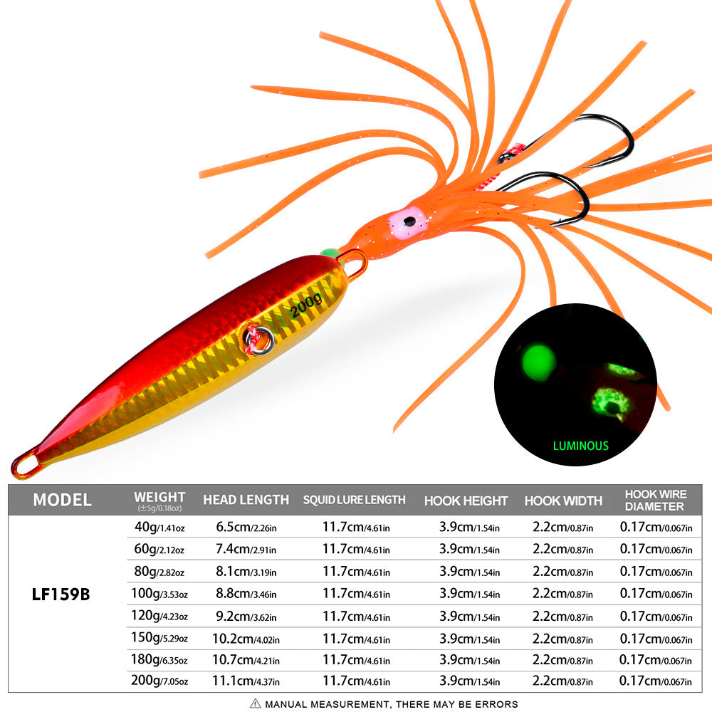 KATYUSHA Lead Jigging Lure with Squid Skirt, 40g-200g, A-E Colors Saltwater Vertical Jigging Bait, Squid Skirt Design