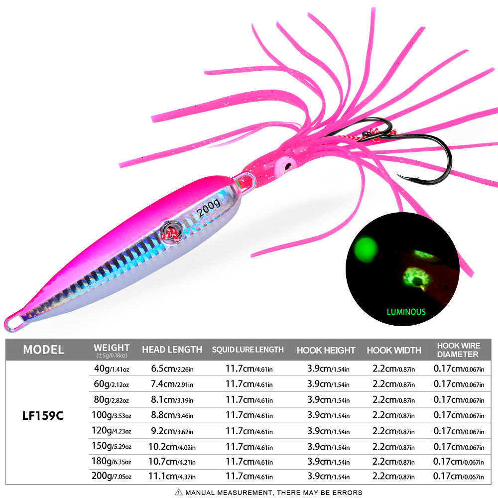 KATYUSHA Lead Jigging Lure with Squid Skirt, 40g-200g, A-E Colors Saltwater Vertical Jigging Bait, Squid Skirt Design
